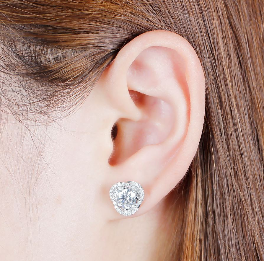 doveggs moissanite earring studs 14k white gold 2ct center 6.5mm moissanite halo earring studs with accents push back for women - DovEggs-Seattle