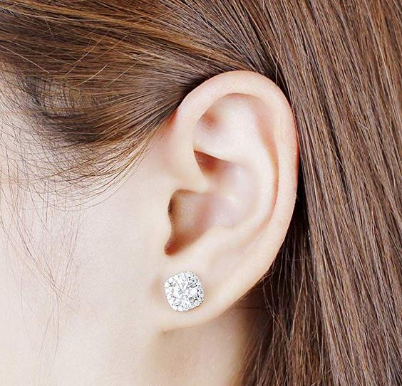 doveggs moissanite earrings 14k white gold 2ct center 6.5mm moissanite halo earring studs with accents push back for women - DovEggs-Seattle