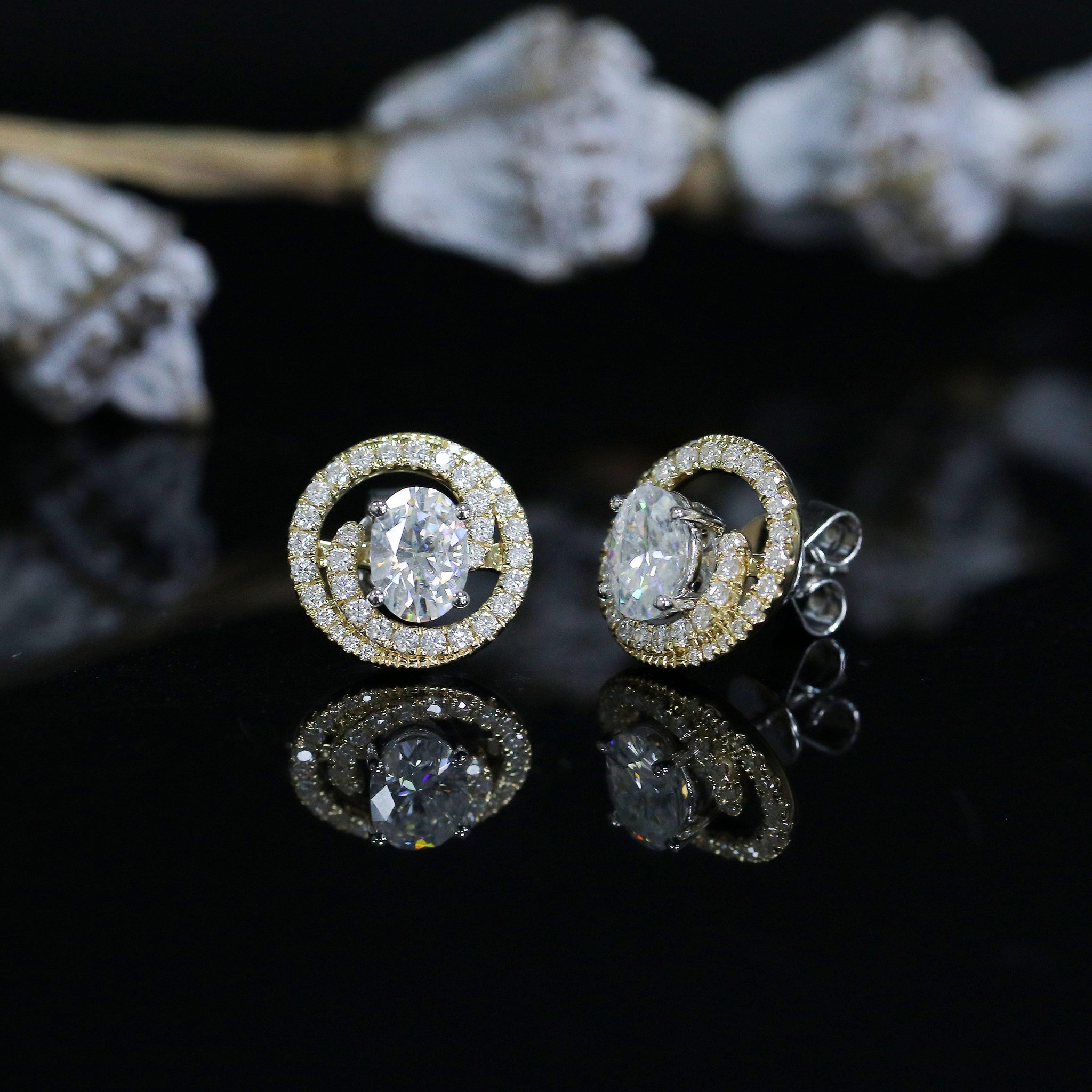 doveggs moissanite earrings with jacket 14k yellow gold and 14k white gold 2 carat center 5x7mm oval moissanite studs push back  for women - DovEggs-Seattle