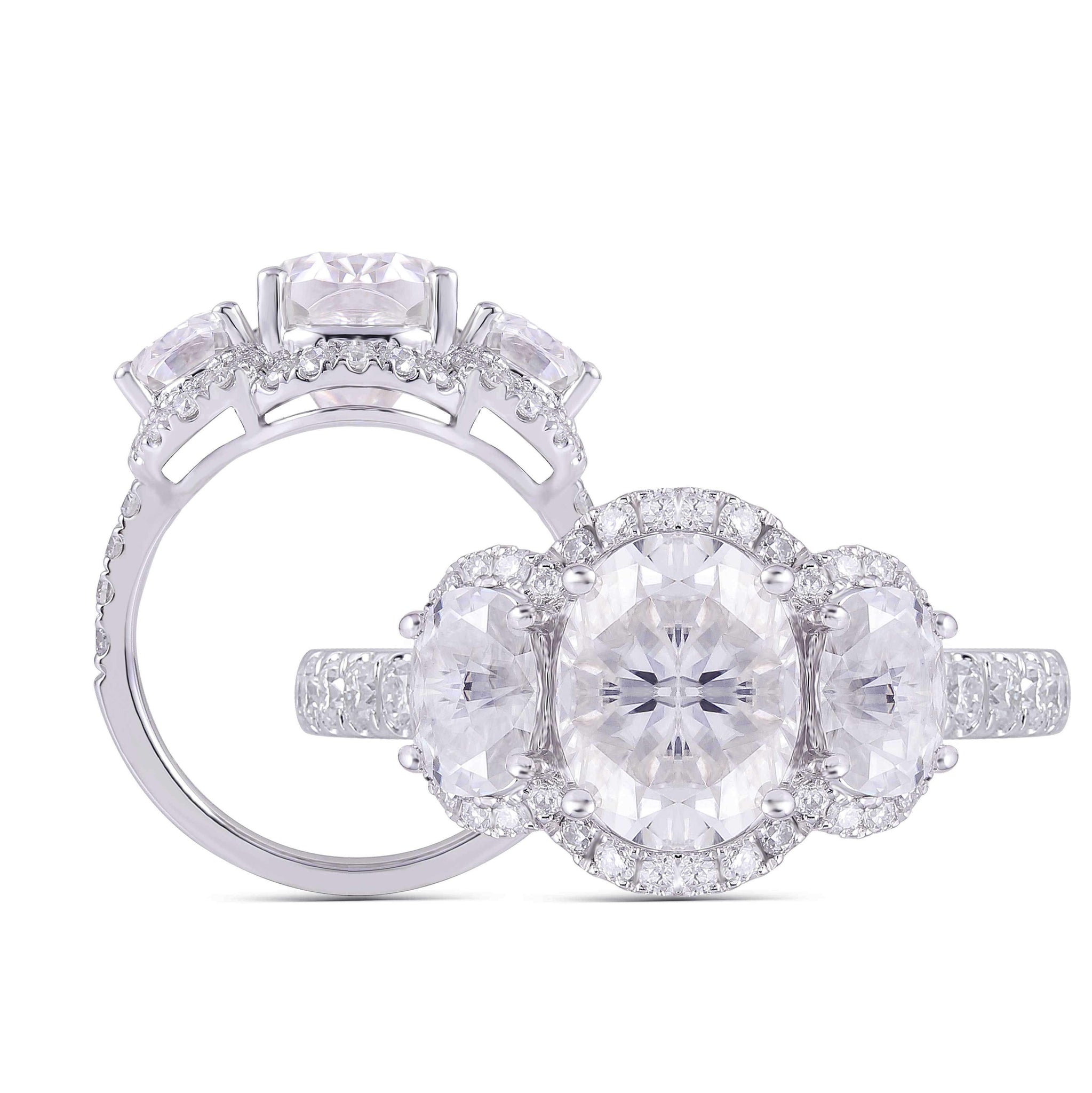 three-stone halo moissanite engagement ring