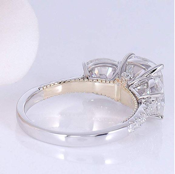 doveggs moissanite engagement ring 14k yellow gold inner half shank platinum plated silver outside shank 4 carat center 6mm-7.5mm-6mm cushion moissanite ring - DovEggs-Seattle