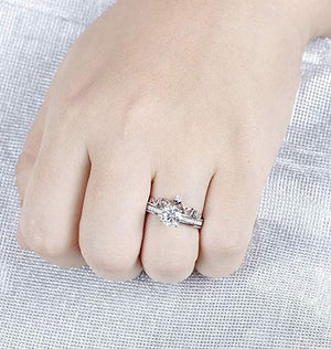 doveggs moissanite engagement ring set 14k white gold 1 carat center 6.5mm round moissanite ring bridal set for women - DovEggs-Seattle