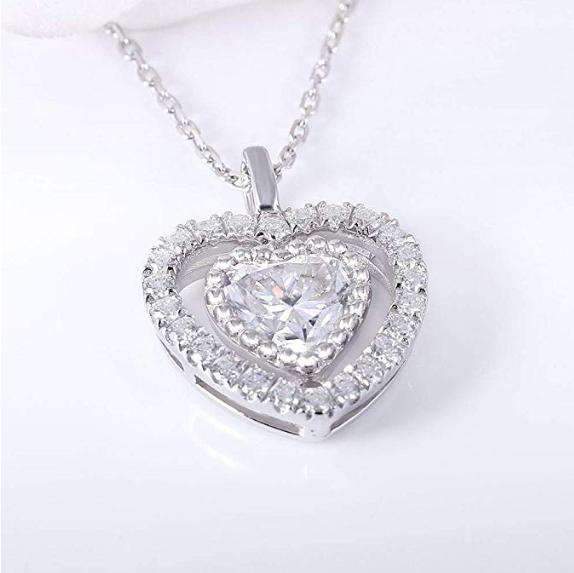 doveggs moissanite halo pendant necklace with accents platinum plated silver 1 carat center 6.5mm g-h-i color heart shape moissanite for women - DovEggs-Seattle