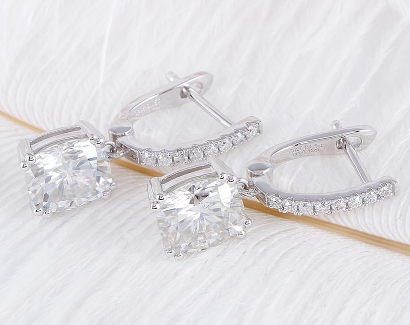 doveggs moissanite hoop earring 14k white gold 3ct center 6x7mm cushion moissanite hoop earring with accents for women - DovEggs-Seattle