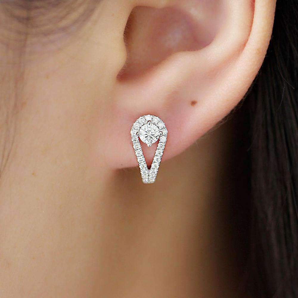 doveggs moissanite hoop earrings 10k white gold post 0.84 carat center 4mm g-h-i color round moissanite platinum plated silver for women - DovEggs-Seattle