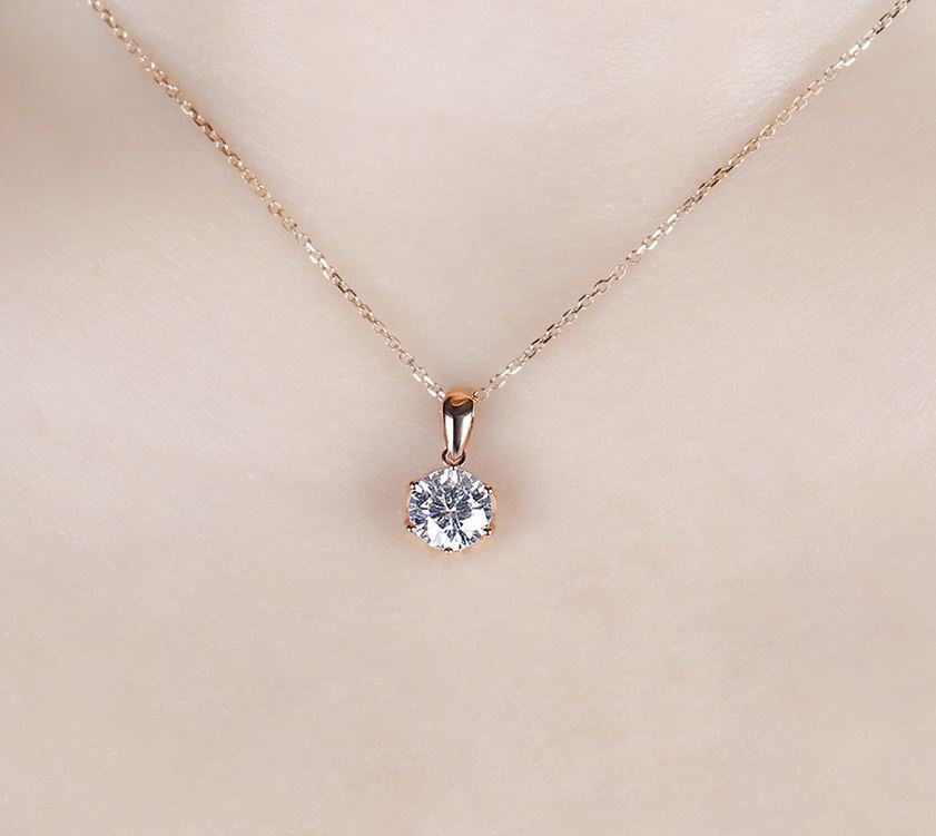 doveggs moissanite pendant necklace 14k rose gold 1ct center 6.5mm moissanite pendant necklace solitare with 18" 14k rose gold chain - DovEggs-Seattle