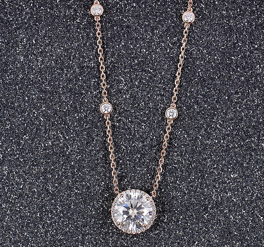 doveggs moissanite pendant necklace 14k rose gold 5ct center 11mm moissanite halo pendant necklace with 3mm moissanite accents for women - DovEggs-Seattle