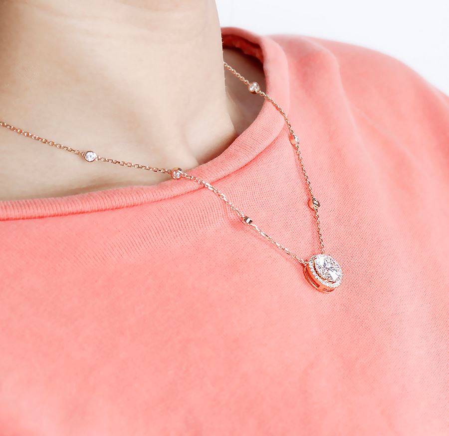 doveggs moissanite pendant necklace 14k rose gold 5ct center 11mm moissanite halo pendant necklace with 3mm moissanite accents for women - DovEggs-Seattle