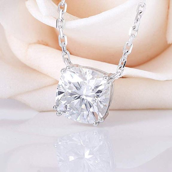 doveggs moissanite pendant necklace 14k white gold 2 carat center 7.5mm gh color cushion moissanite with 14k white gold chain for women - DovEggs-Seattle