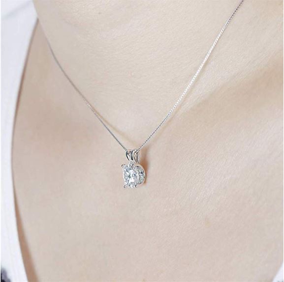 doveggs moissanite pendant necklace 14k white gold 2 carat center 7X8mm ghi color cushion moissanite with platinum plated silver chain for women - DovEggs-Seattle