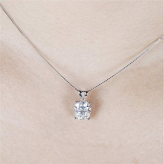 doveggs moissanite pendant necklace 14k white gold 2 carat center 7X8mm ghi color cushion moissanite with platinum plated silver chain for women - DovEggs-Seattle