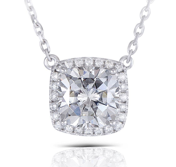 doveggs moissanite pendant necklace 14k white gold 2.5ct 8mm cushion halo pendant necklace with accents for women - DovEggs-Seattle