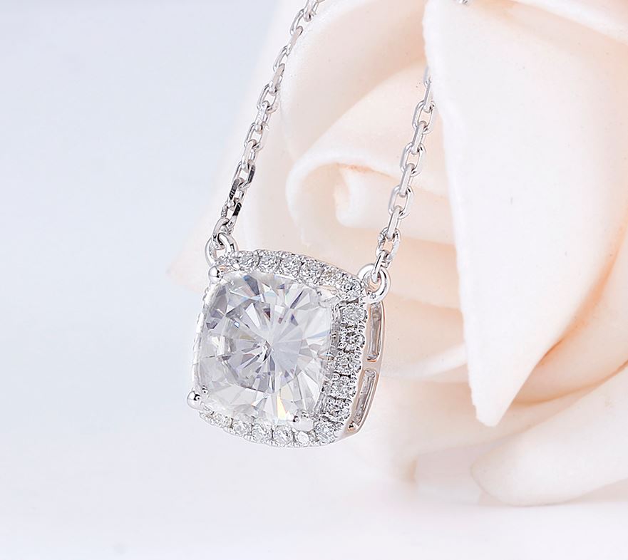 doveggs moissanite pendant necklace 14k white gold 2.5ct 8mm cushion halo pendant necklace with accents for women - DovEggs-Seattle