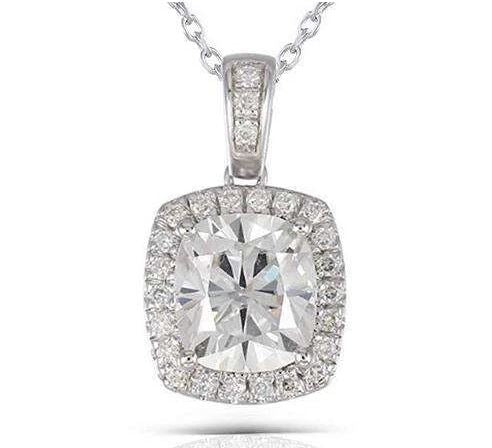 doveggs moissanite pendant necklace 14k white gold 2ct center 7x8mm cushion moissanite halo pendant necklace with accents for women - DovEggs-Seattle