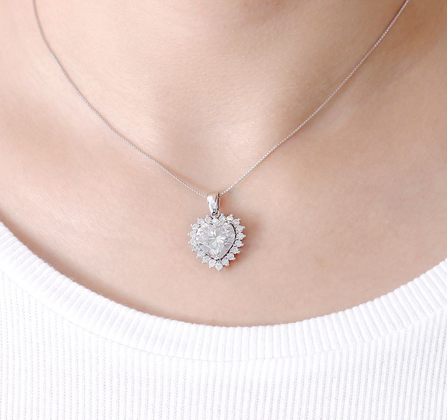 doveggs moissanite pendant necklace 14k white gold 5ct center 11mm heart shape moissanite halo pendant necklace with accents for women - DovEggs-Seattle