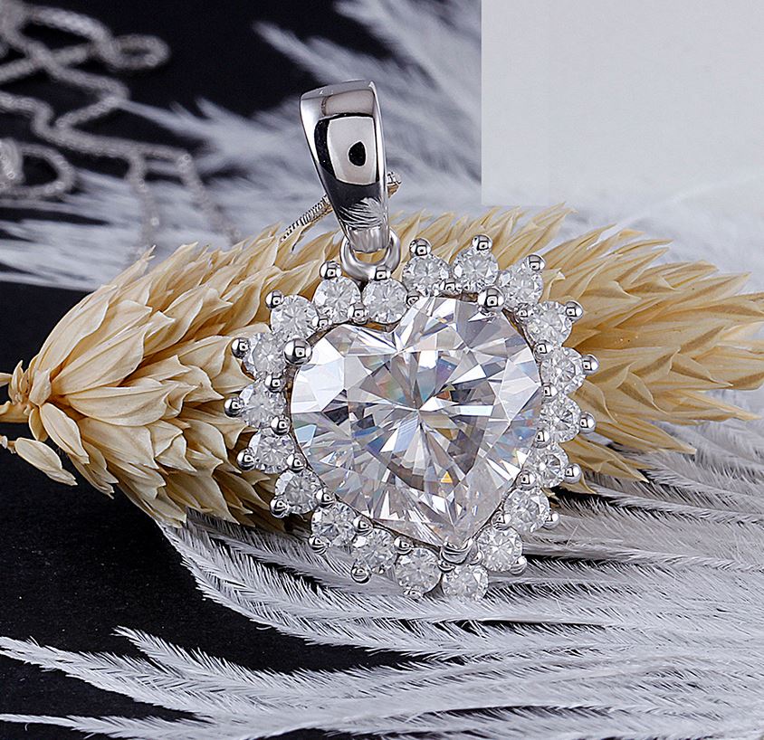 doveggs moissanite pendant necklace 14k white gold 5ct center 11mm heart shape moissanite halo pendant necklace with accents for women - DovEggs-Seattle