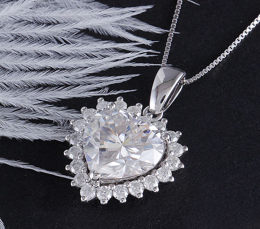 doveggs moissanite pendant necklace 14k white gold 5ct center 11mm heart shape moissanite halo pendant necklace with accents for women - DovEggs-Seattle