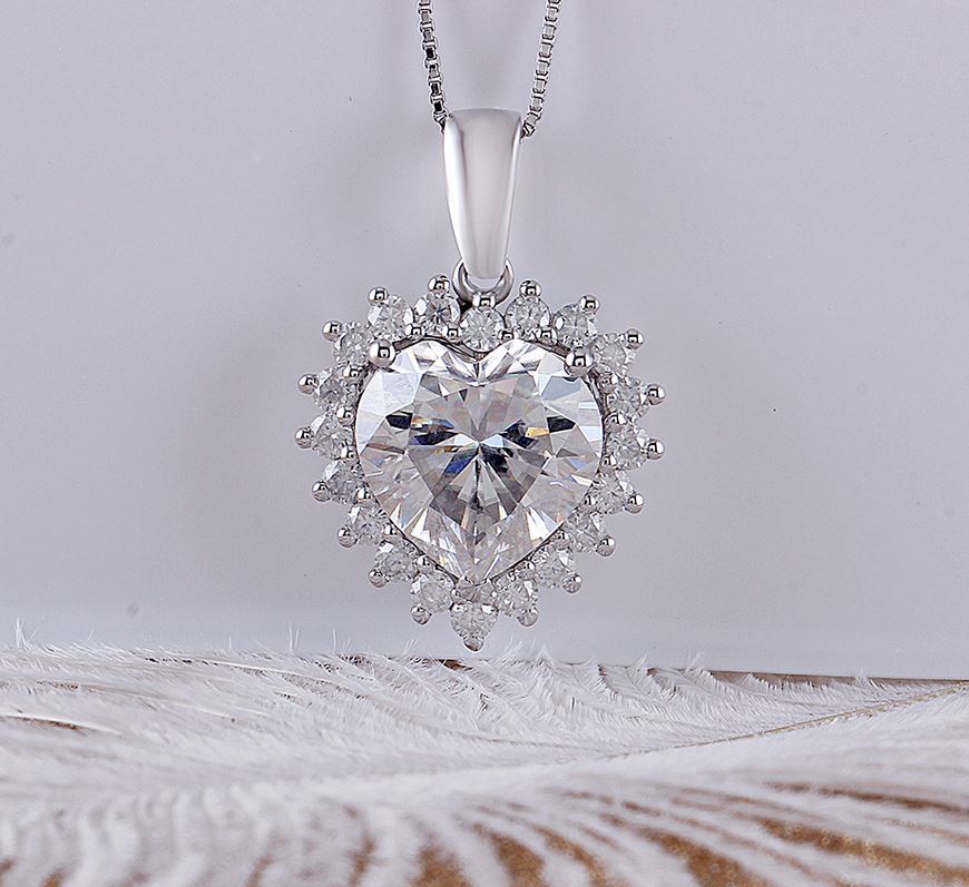 doveggs moissanite pendant necklace 14k white gold 5ct center 11mm heart shape moissanite halo pendant necklace with accents for women - DovEggs-Seattle