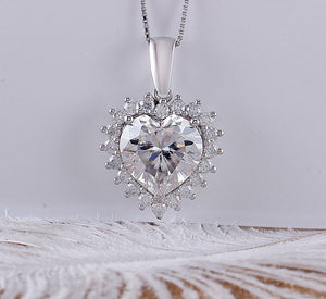doveggs moissanite pendant necklace 14k white gold 5ct center 11mm heart shape moissanite halo pendant necklace with accents for women - DovEggs-Seattle