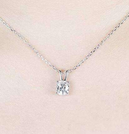 doveggs moissanite pendant necklace platinum plated silver 2 carat center 7X8mm g-h-i color cushion moissanite with 18" platinum plated silver chain for women - DovEggs-Seattle