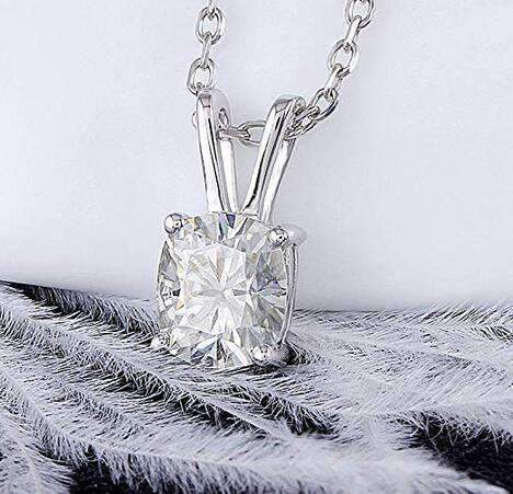 doveggs moissanite pendant necklace platinum plated silver 2 carat center 7X8mm g-h-i color cushion moissanite with 18" platinum plated silver chain for women - DovEggs-Seattle