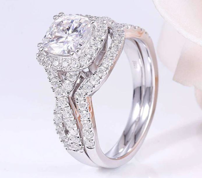 doveggs moissanite platinum plated silver 2 carat ghi color cushion moissanite ring bridal set DovEggs-Seattle 