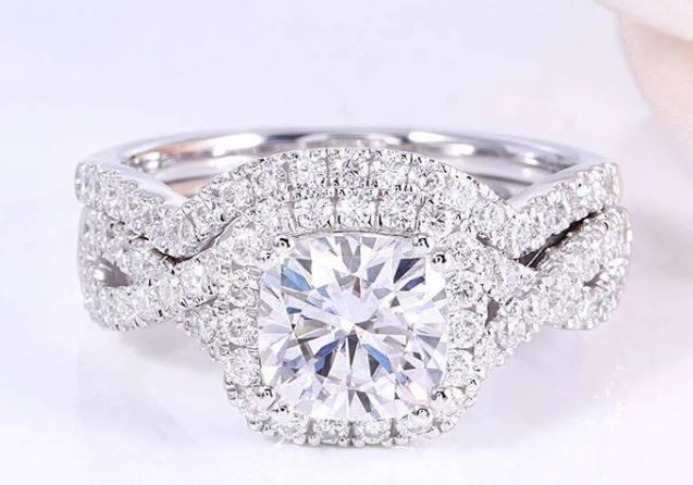 doveggs moissanite platinum plated silver 2 carat ghi color cushion moissanite ring bridal set DovEggs-Seattle 