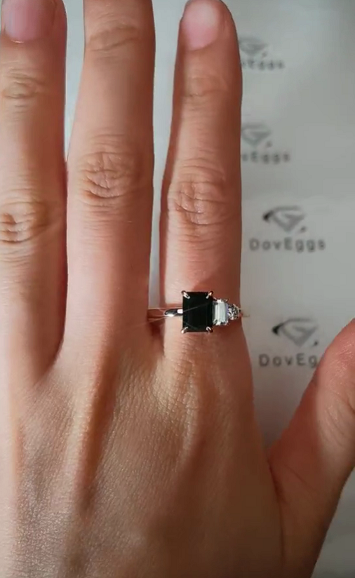 Doveggs black emerald three stones moissanite engagement ring