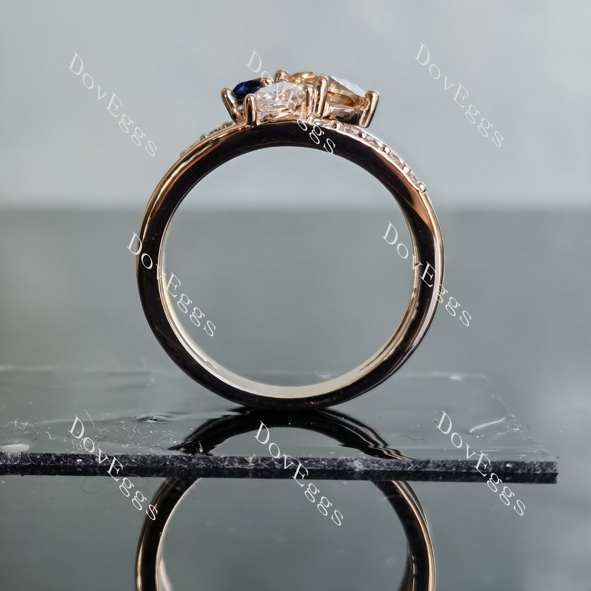 Amber cushion side stones split shank colored moissanite engagement ring