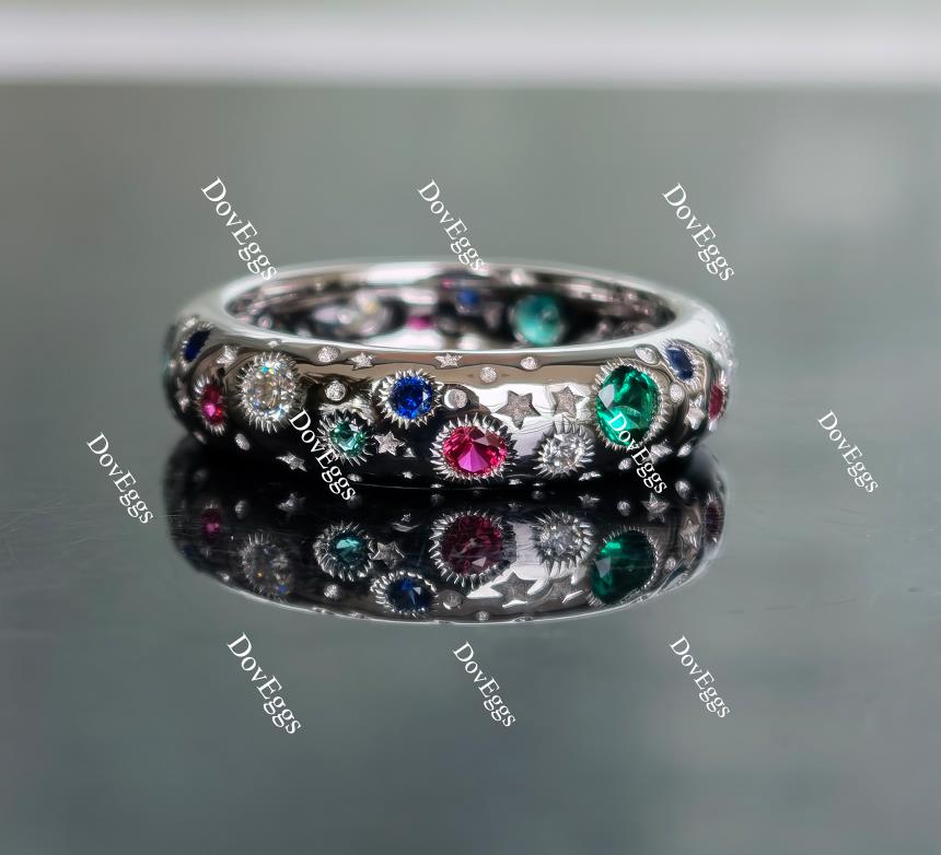 Doveggs round ruby/colorless moissanite/zambia emerald/blue sapphire combo band-5mm band width