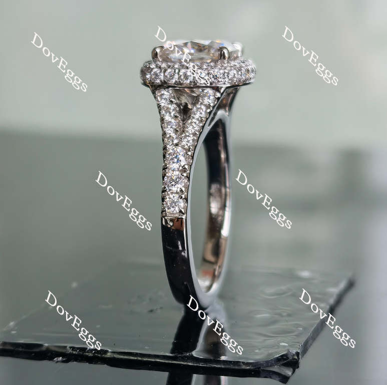 Doveggs cushion split shank pave halo moissanite engagement ring