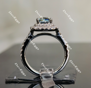 DovEggs Smokey sparks grey radiant double halo moissanite engagement ring