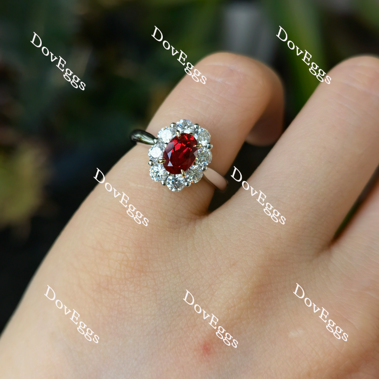 Doveggs oval shape halo vivid pigeon blood ruby colored gem ring