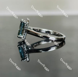Doveggs cathedral peacock blue radiant halo moissanite engagement ring