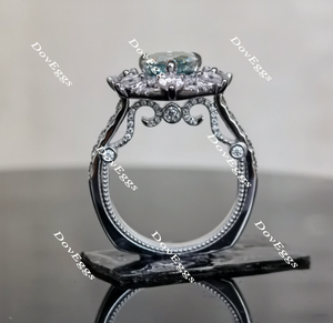 DovEggs Peacock blue vintage halo pear moissanite engagement ring