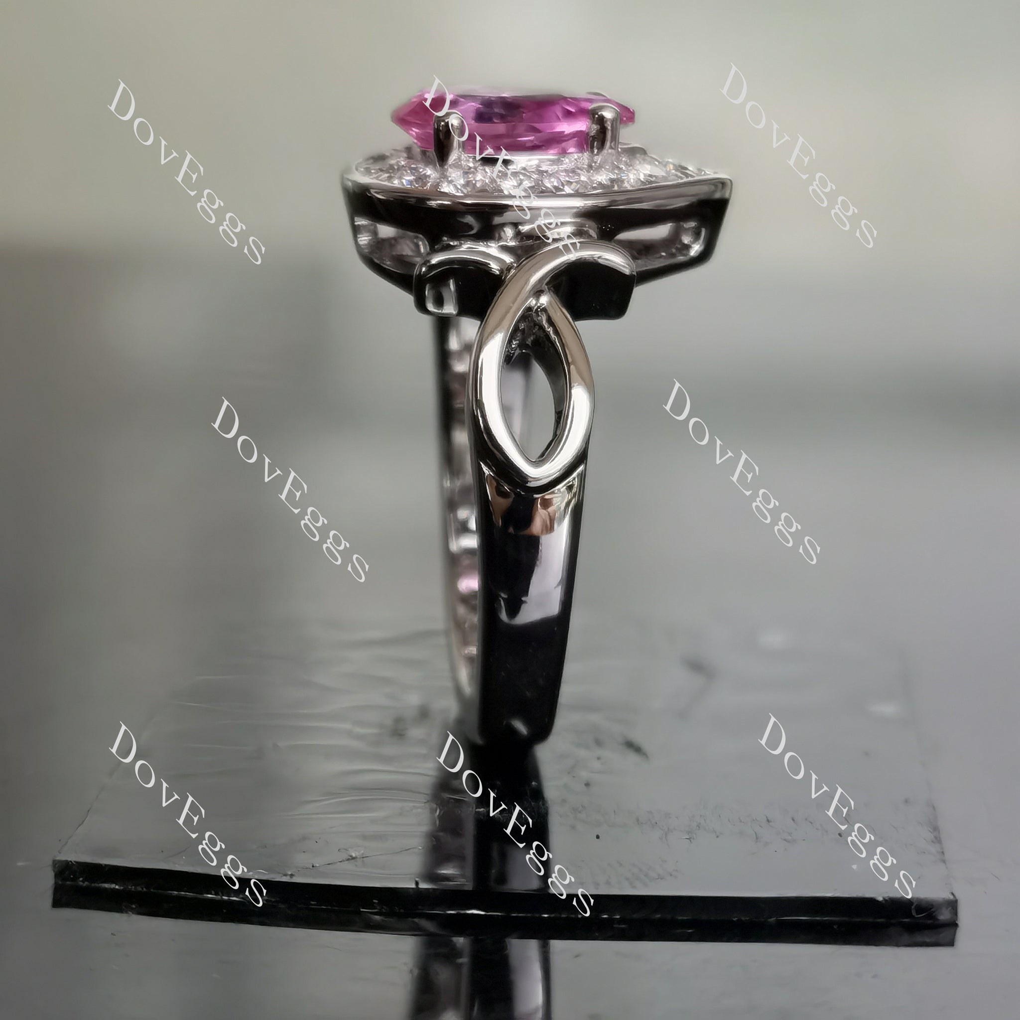 Doveggs pear ribbon halo pink sapphire colored gem engagement ring