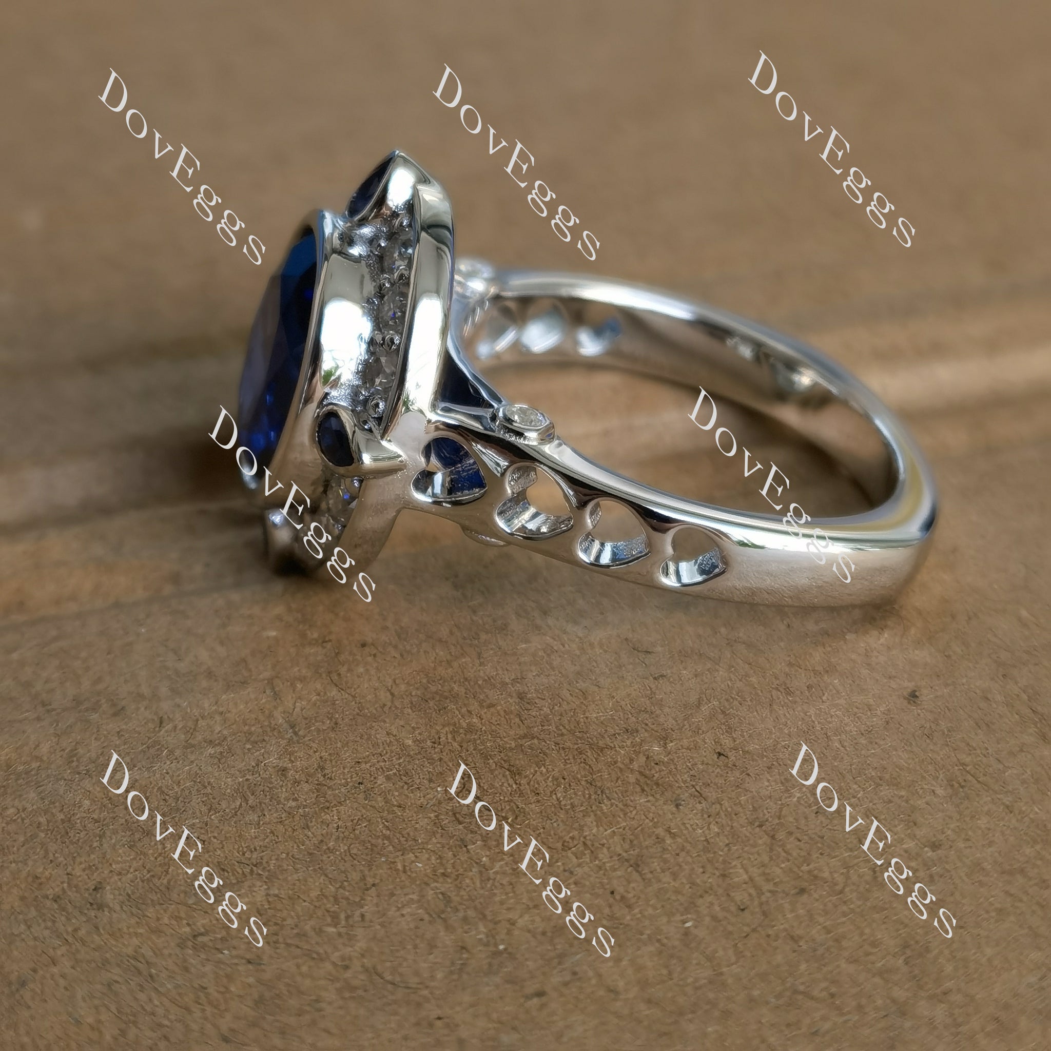 Torey oval halo blue sapphire colored gem & moissanite ring