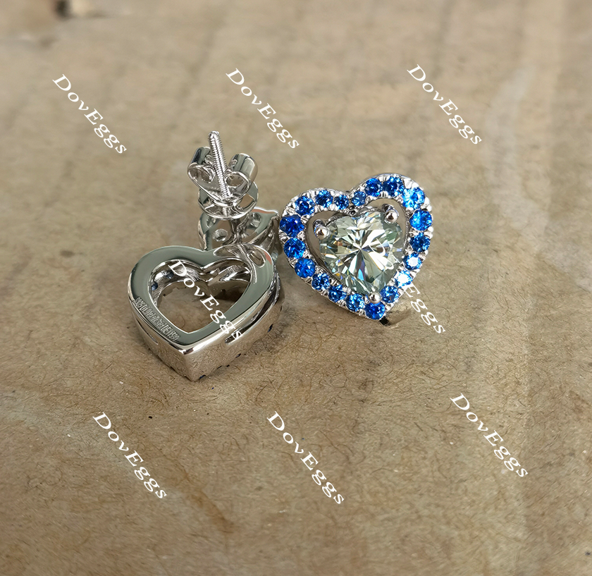 Doveggs heart peacock blue halo screw back moissanite and birthstone earrings