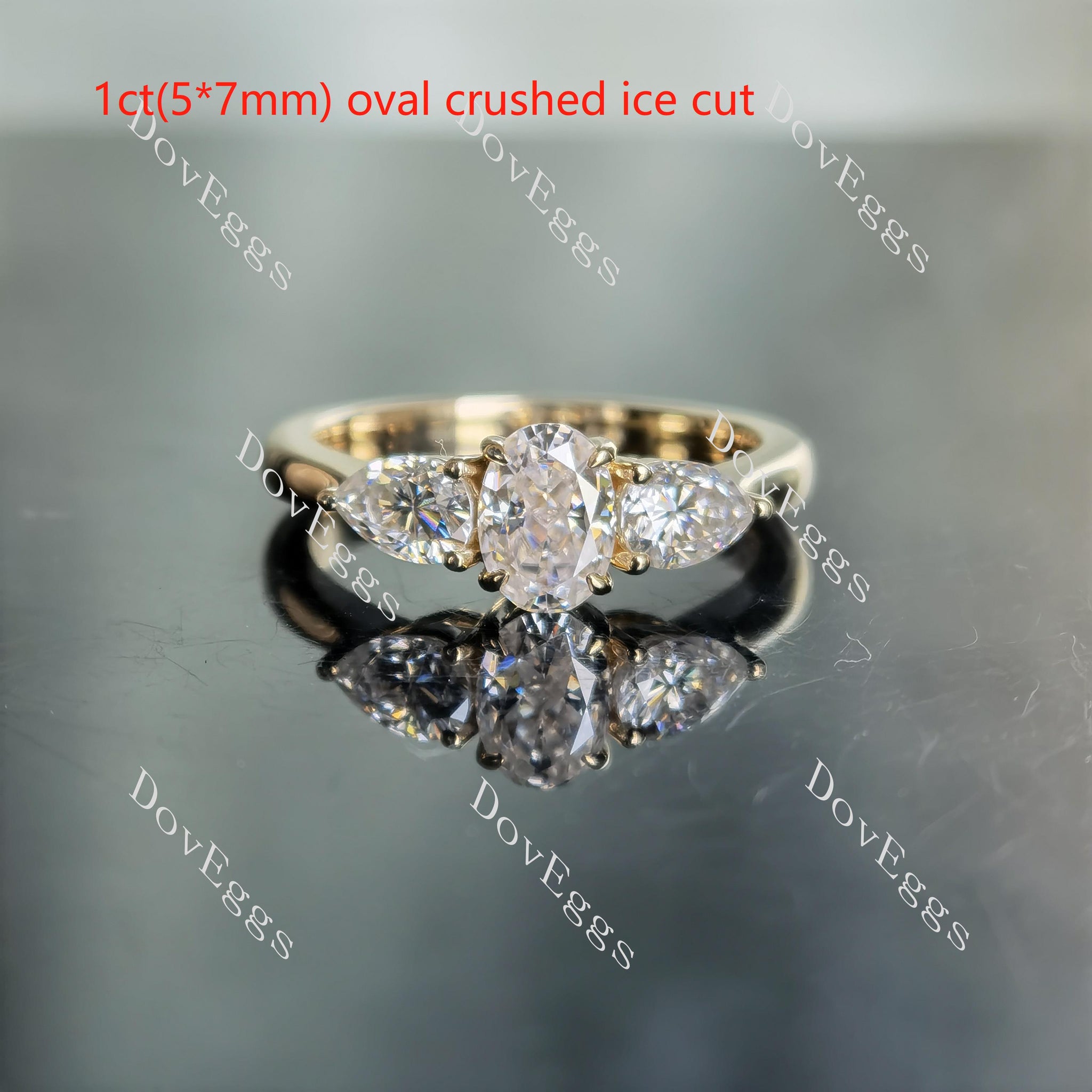 DovEggs oval three-stone moissanite engagement ring