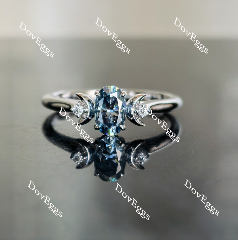 Doveggs oval Astro cut smokey spark grey half moon three-stone moissanite ring